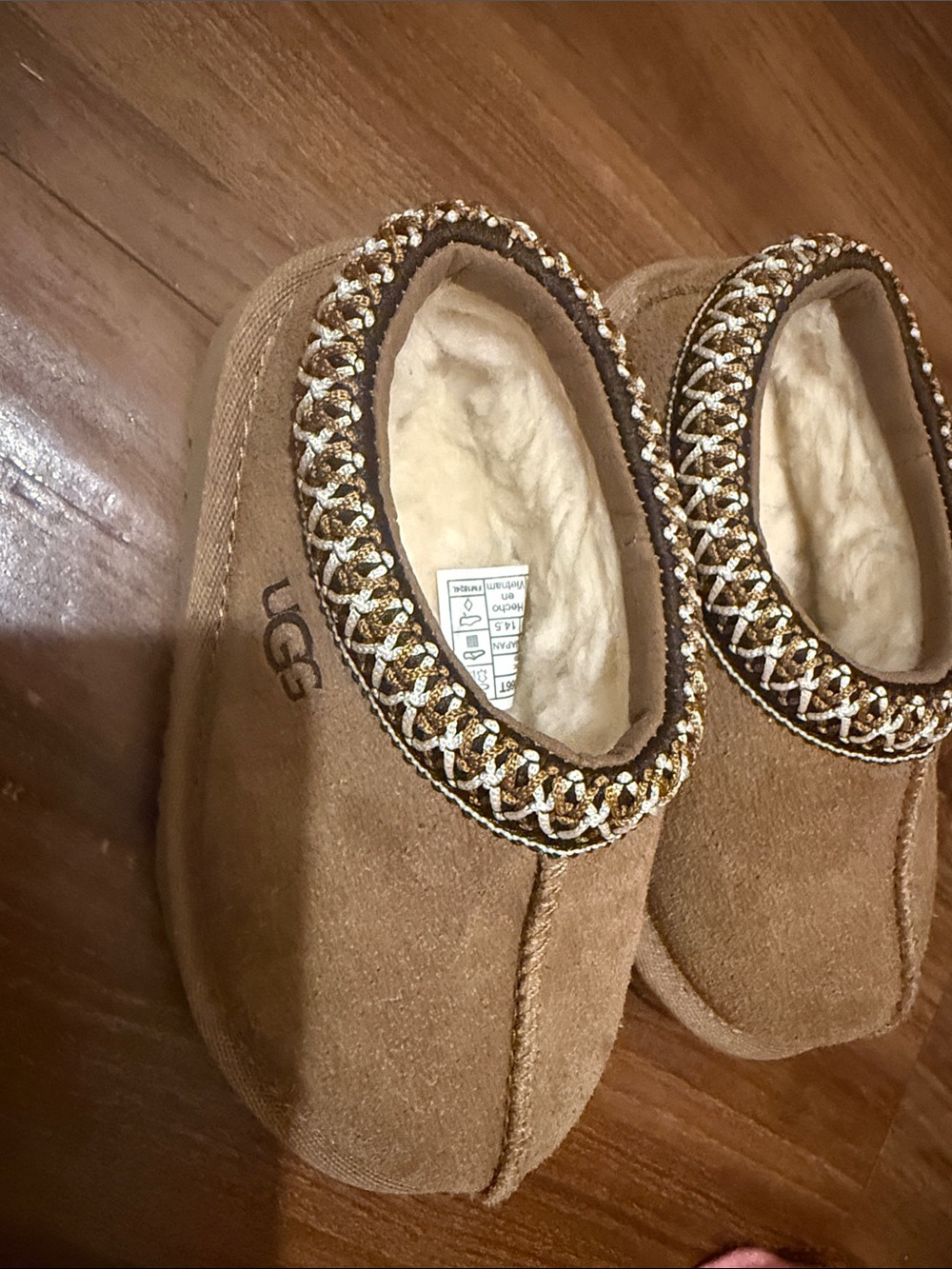 UGG Kids Chestnut Suede Sheepskin-Lined Slip-Ons with Braided Trim